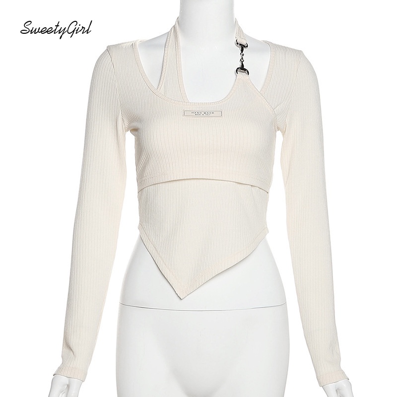 Áo Croptop Dài Tay Hai Mảnh Ôm Dáng Màu Sắc Đơn Giản Dành Cho Nữ