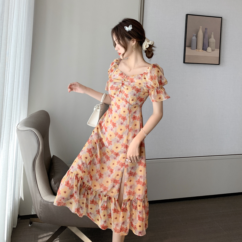 Đầm Voan Hoa Cổ Chữ V Xẻ Tà Xinh Xắn Theo Phong Cách Retro Dành Cho Nữ Váy