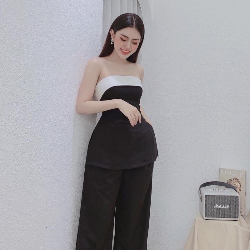 Set áo ống cúp ngực viền trắng xẻ tà + quần suông ống rộng, quần đùi cạp cao, chân váy xếp ly