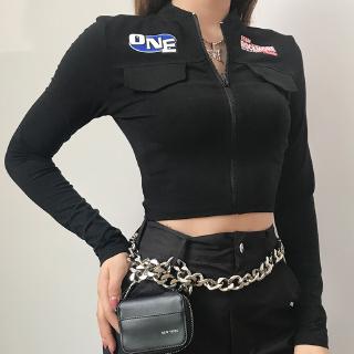 Áo Croptop Tay Dài Phối Khoá Kéo Cho Nữ