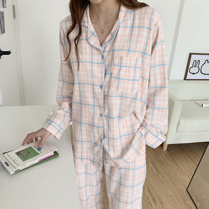 Bộ đồ ngủ dài họa tiết caro xinh xắn phong cách Hàn Quốc cho nữ | BigBuy360 - bigbuy360.vn