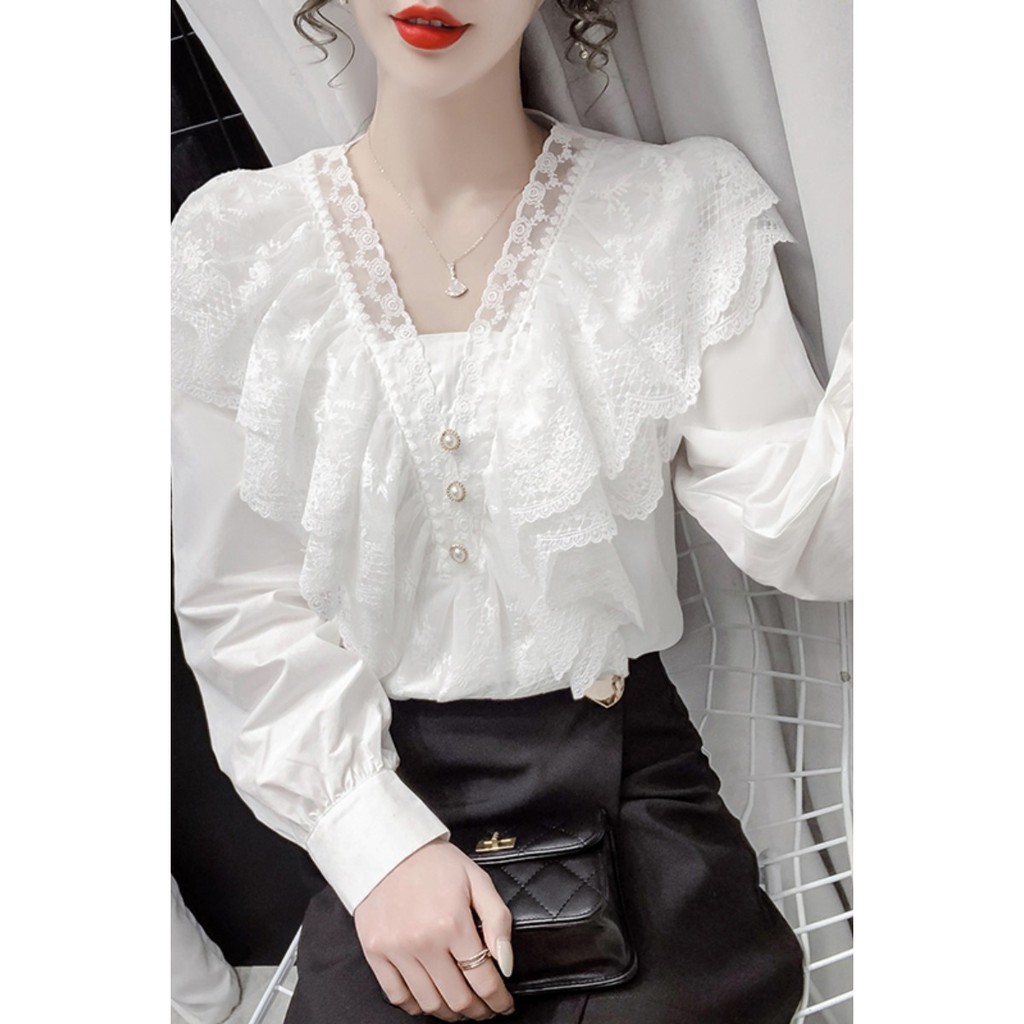 Áo sơ mi ren tiểu thư phối ren sang chảnh 2021