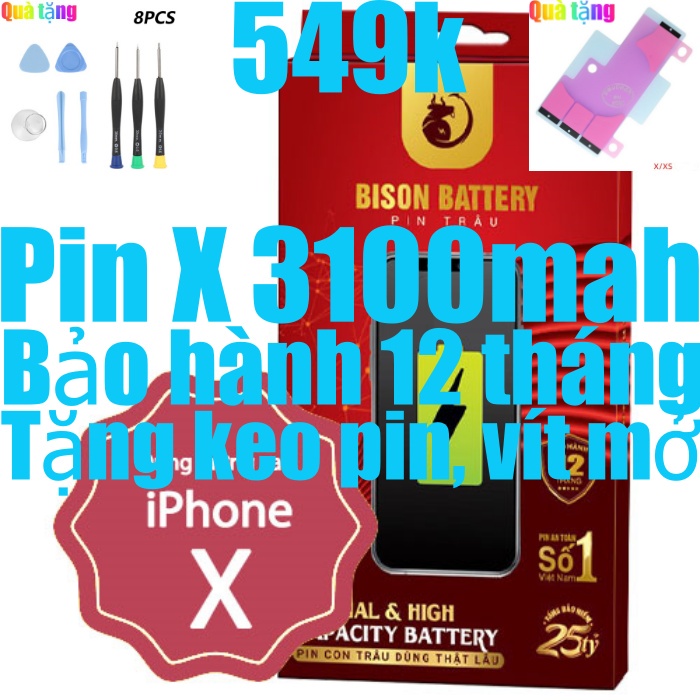 [Mã 151ELSALE hoàn 7% đơn 300K] Pin iPhones X dung lượng cao 3100mAh BISON chính hãng