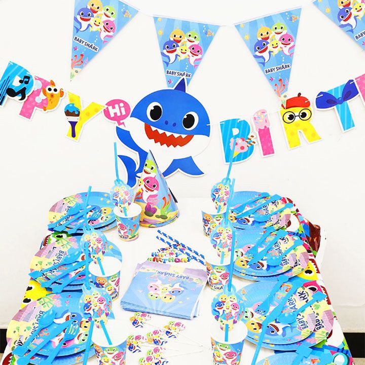 Set trang trí bàn tiệc sinh nhật 16 món chủ đề Baby shark