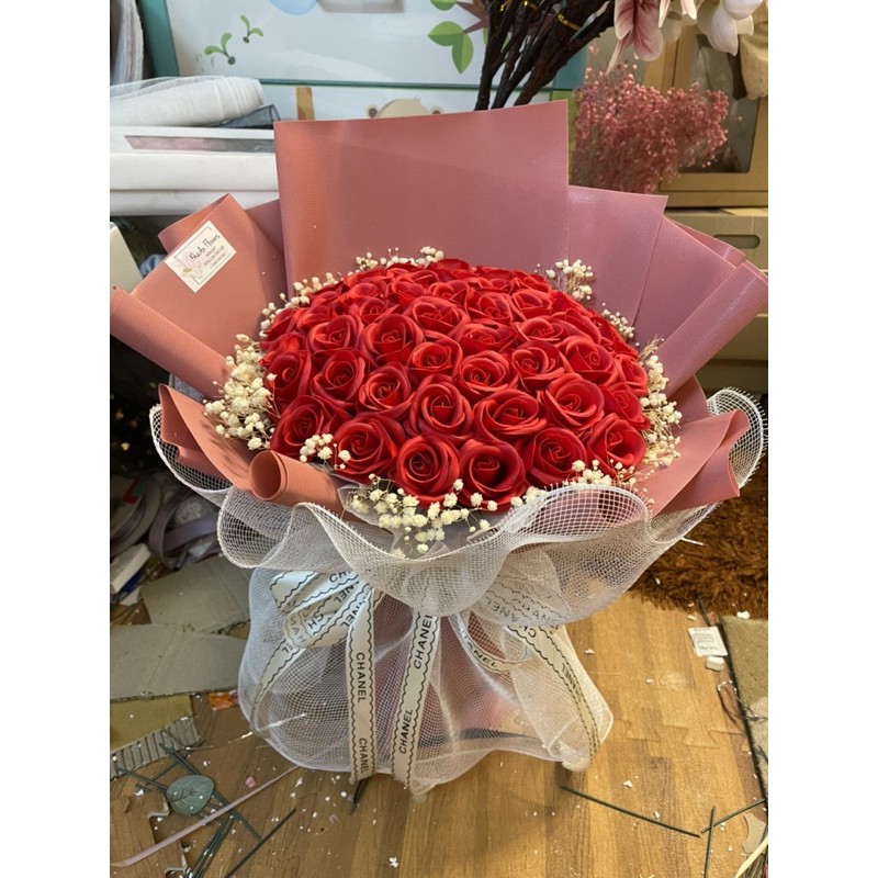 [Hoa sinh nhật - Có Nowship] Bó hoa sáp 4 lớp cao cấp 50bông mix Babi khô sang trọng, siêu đẹp. Ảnh độc quyền của Shop!