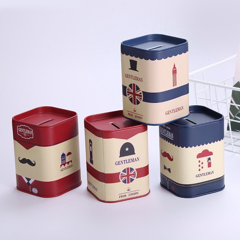 Hộp Đựng Tiền Tiết Kiệm Hình Vuông Bằng Thiếc Kiểu London Dễ Thương Ốp