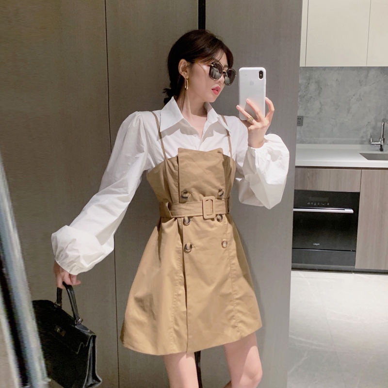 Set Áo Sơ Mi Tay Dài Phồng Kèm Đầm Yếm Thời Trang Nữ Tính