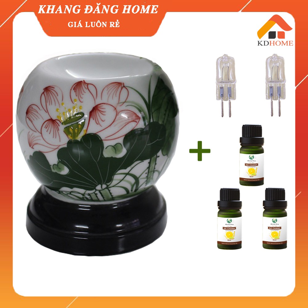 Combo đèn xông tinh dầu hoa sen + 3 lọ tinh dầu các mùi và 2 bóng dự phòng