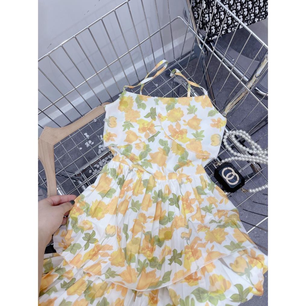 ✔ 𝗙𝗥𝗘𝗘 𝗦𝗛𝗜𝗣  VÁY 2 DÂY HOA NHÍ XÒE TẦNG HOA VÀNG HÀNG L1 Ạ