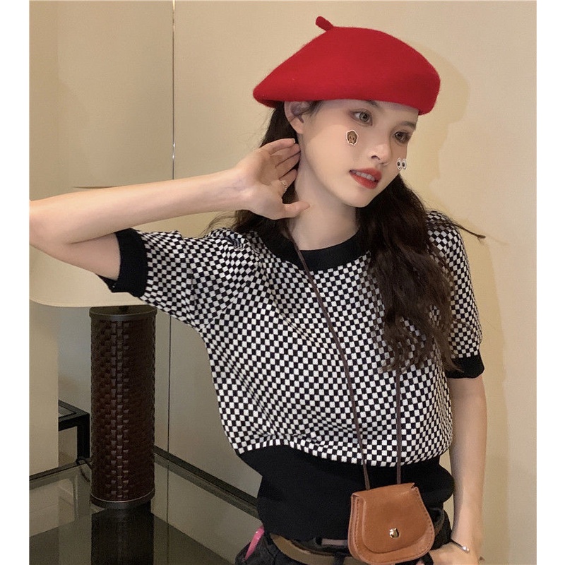 Áo Sweater Tay Ngắn Họa Tiết Sọc Caro Màu Tương Phản Thời Trang Mùa Hè Phong Cách Retro