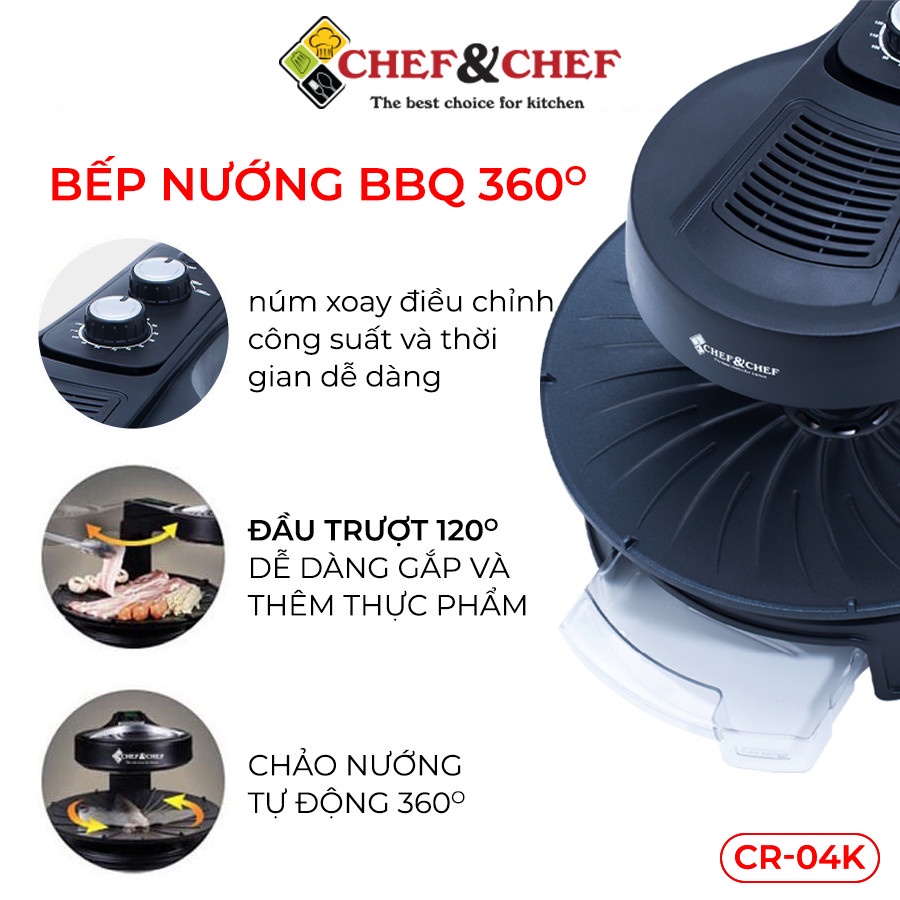 Bếp nướng BBQ 360 CHEF&CHEF, Chảo nướng xoay 360 độ tự động giúp thức ăn chín đều