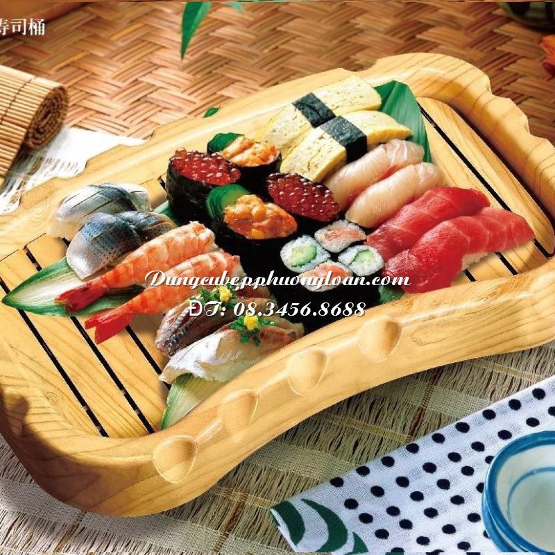 Khay nhựa giả gỗ hình thang trang trí sushi, sashimi