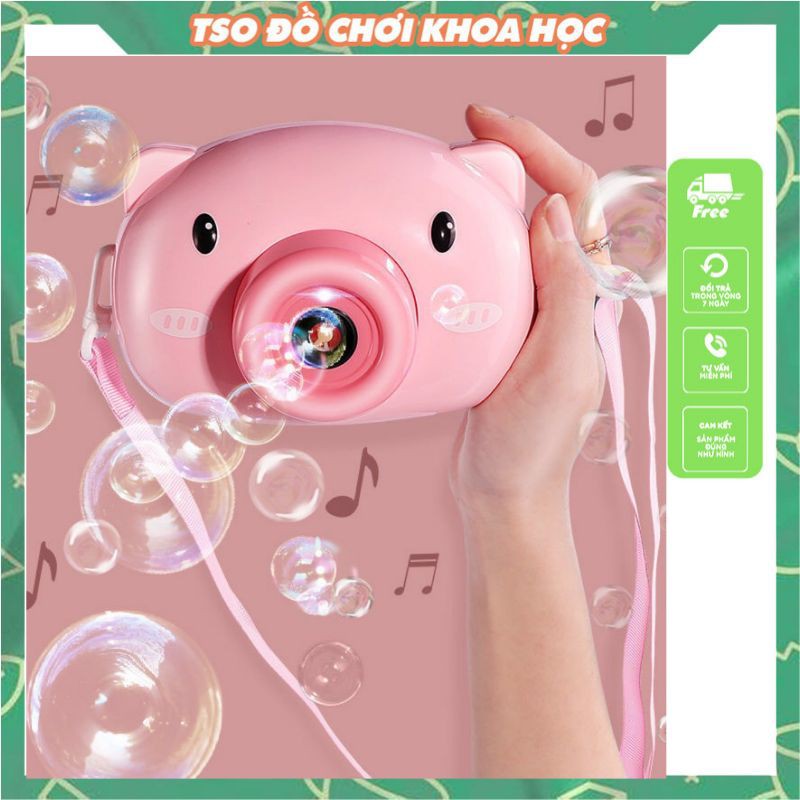 Đồ chơi Máy ảnh thổi bong bóng xà phòng hình heo con đáng yêu có đèn có nhạc có dây đeo màu hồng