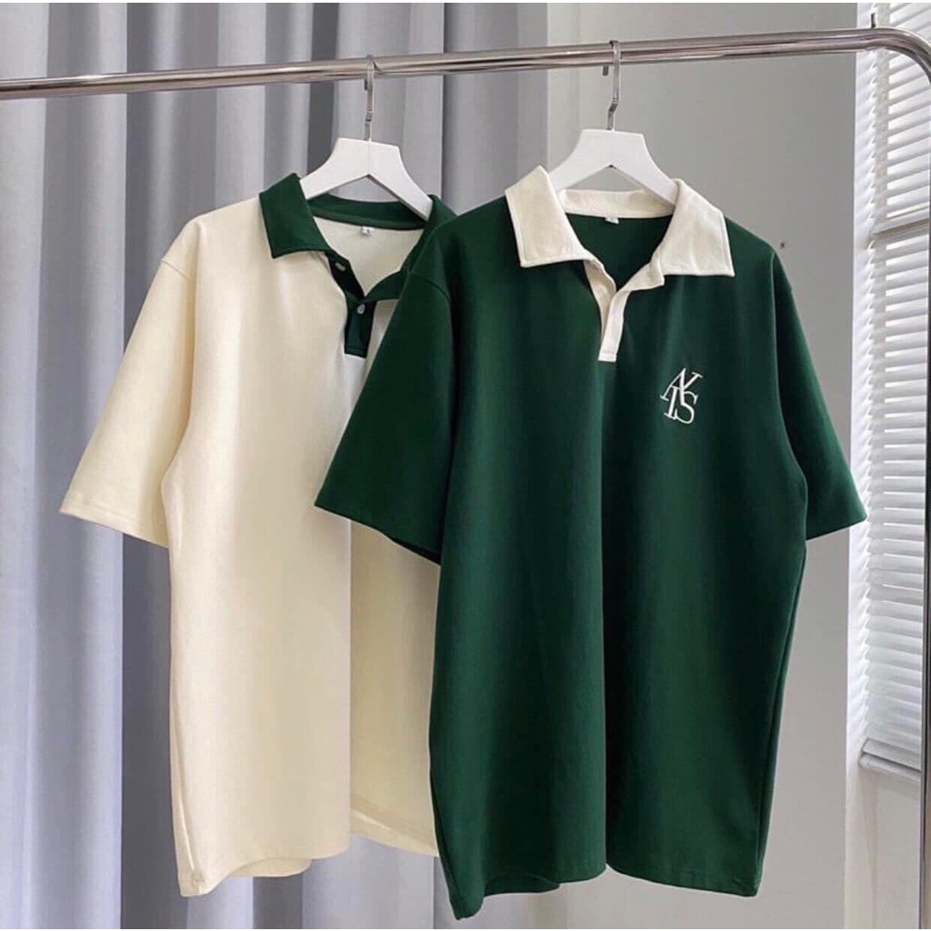 Áo polo ANIS phối xanh trắng hình thêu trước sau BIGOMALL - Áo phông cổ bẻ nam nữ unisex freesize form rộng 65kg