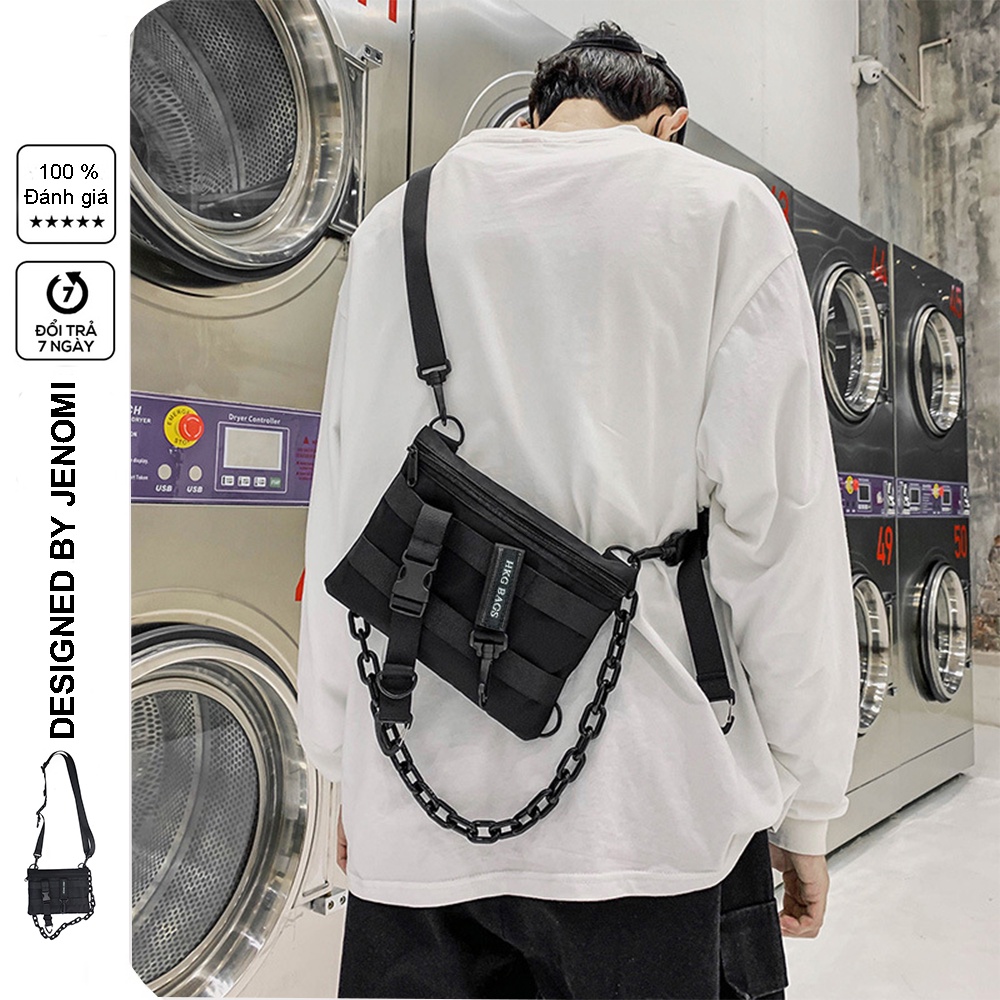 Túi Đeo Chéo Nam Nữ Thời Trang, Túi Đeo Vai Phối Dây Xích Màu Đen Cao Cấp Cá Tính Tiện Lợi TX01