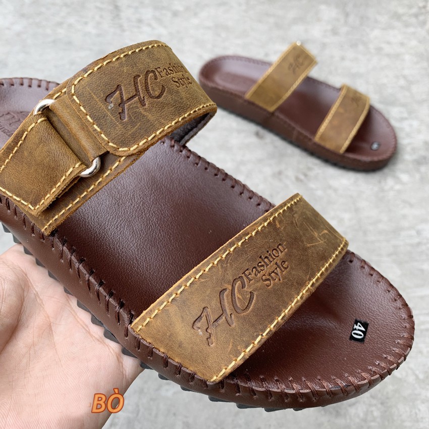 Dép Nam Da Bò Quai Ngang May Viền Cao Cấp V21