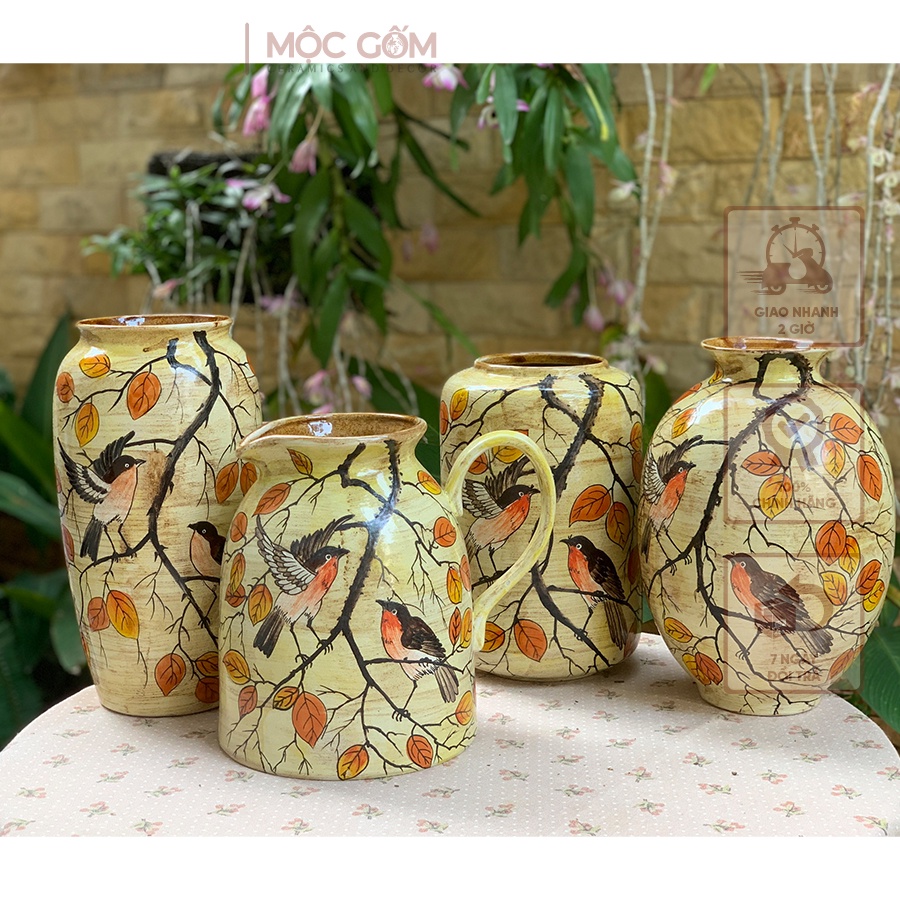 Bình hoa gốm vẽ tay họa tiết chim sẻ mùa thu- Gốm Bát Tràng - Decor nội thất | Mộc Gốm MG94