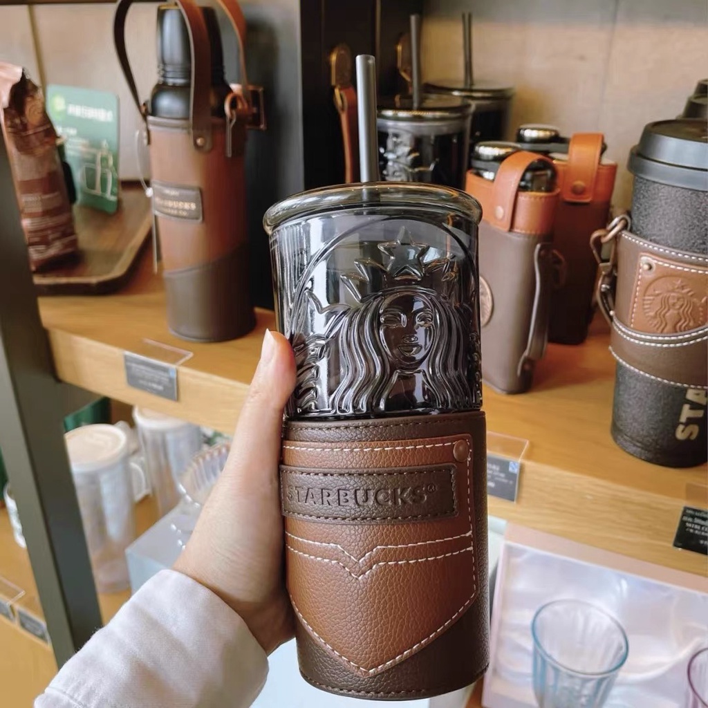 Quà tặng bạn trai ly thủy tinh Starbucks bọc da nâu dung tích 550ml