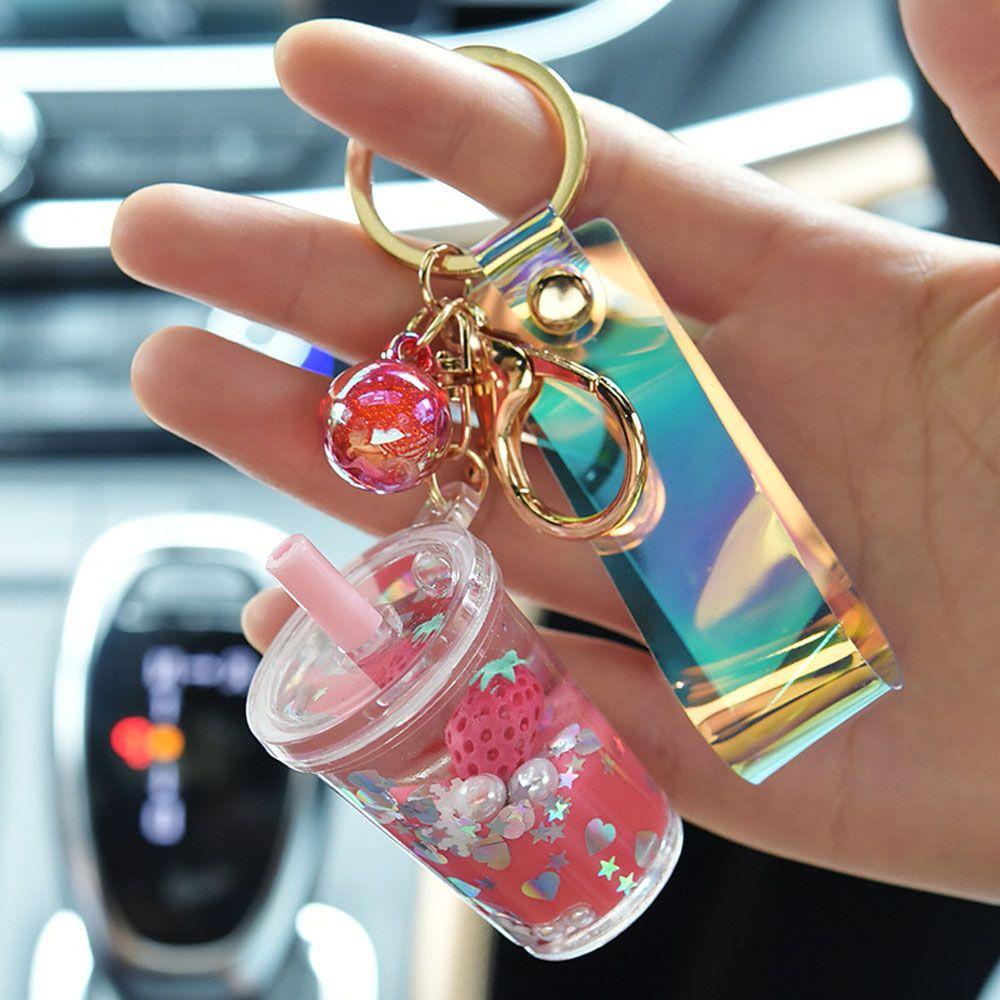 Rebuy1 Móc Khóa Chuyển Động Dạng Lỏng Dâu Tây Cốc Trà Sữa Thời Trang