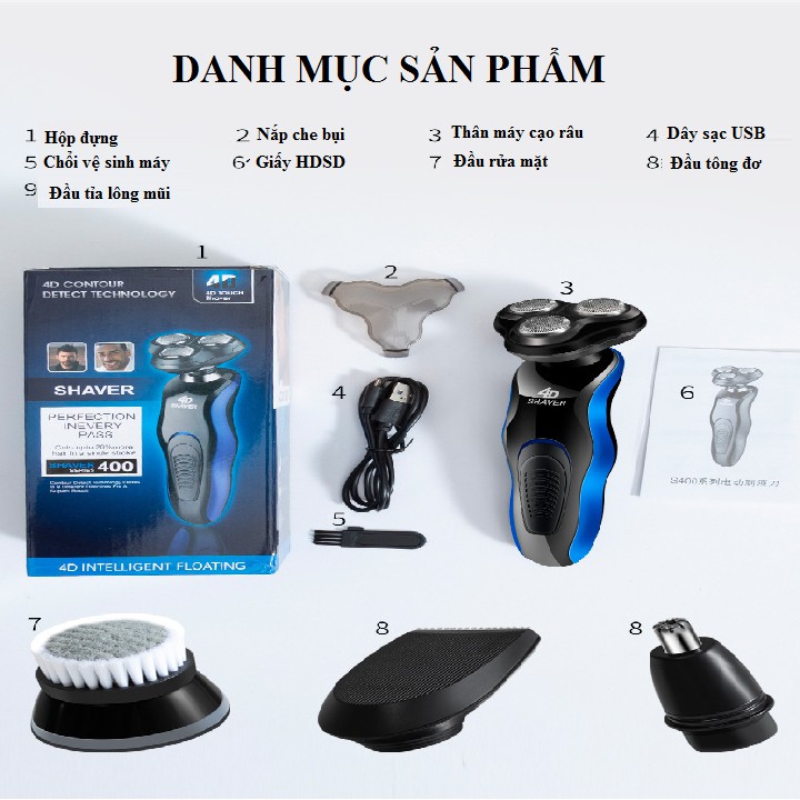 Máy cạo râu - Hàng loại 1 - Máy cạo râu đa năng Shaver 4D 4in1 gồm chức năng cạo râu, cắt tóc, rửa mặt, tỉa lông mũi