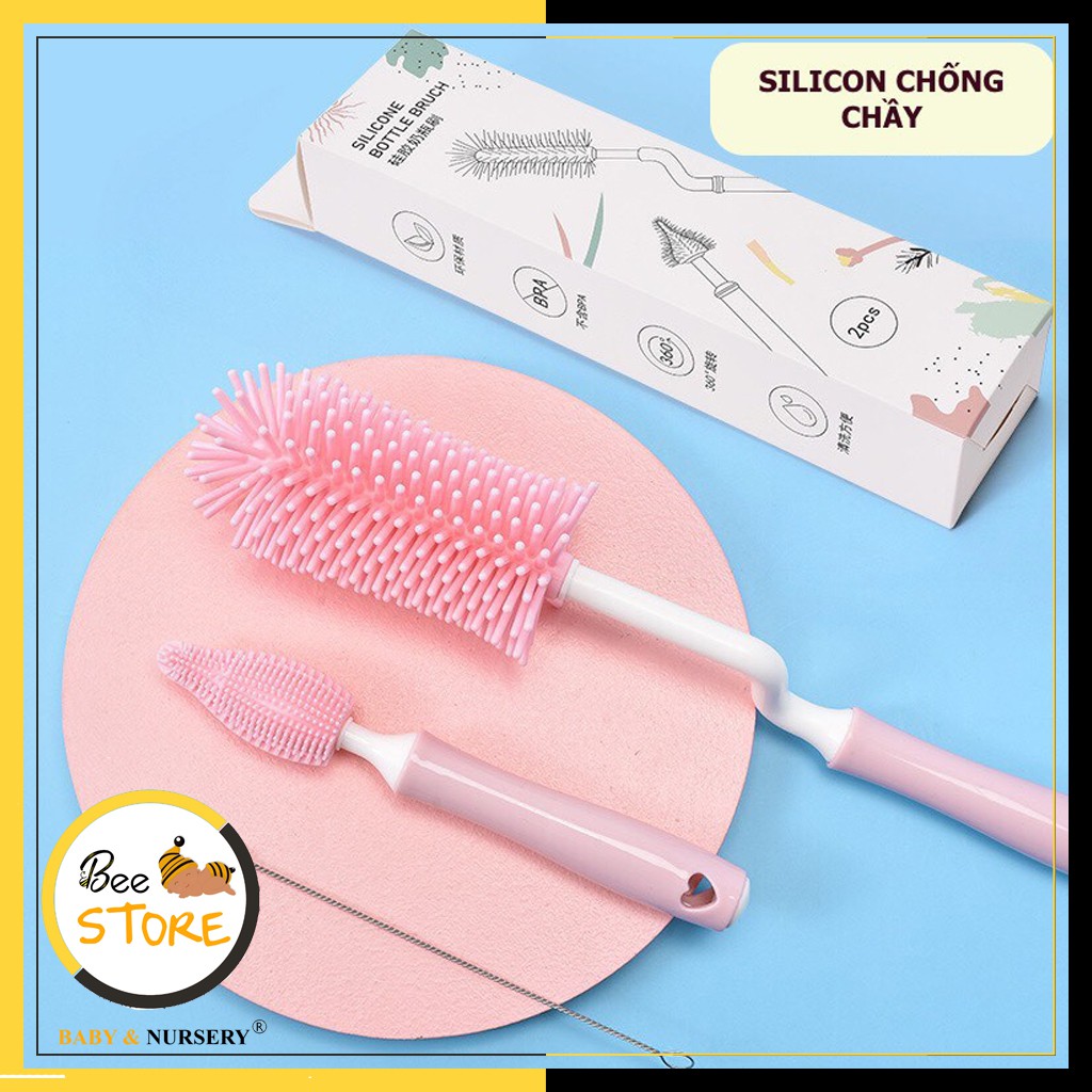 Bộ cọ rửa bình sữa silicon 3 chi tiết cao cấp, tay cầm xoay 360 độ, Cọ bình sữa cho bé