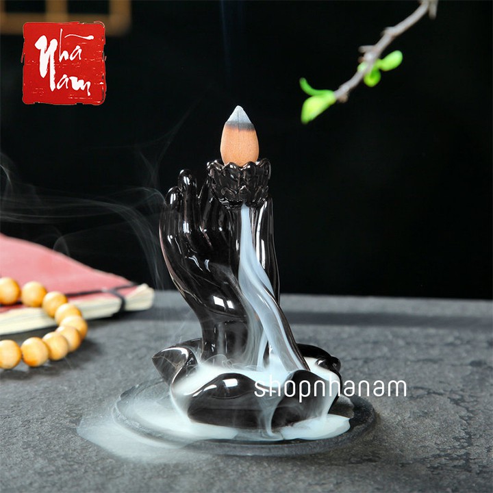 [Bán sỉ] Thác khói trầm hương để bàn niêm hoa vi tiếu tay phật phật thủ màu đen tặng 1 nụ trầm
