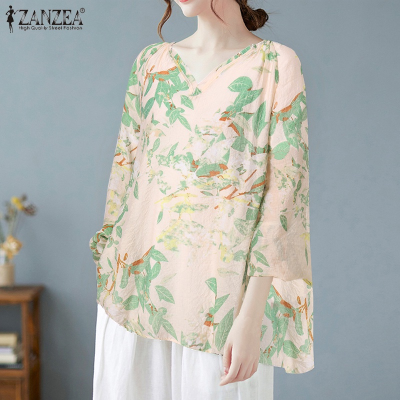 Áo dáng dài ZANZEA dáng rộng tay dài cổ chữ V cổ tay co giãn in họa tiết vintage thời trang cho nữ