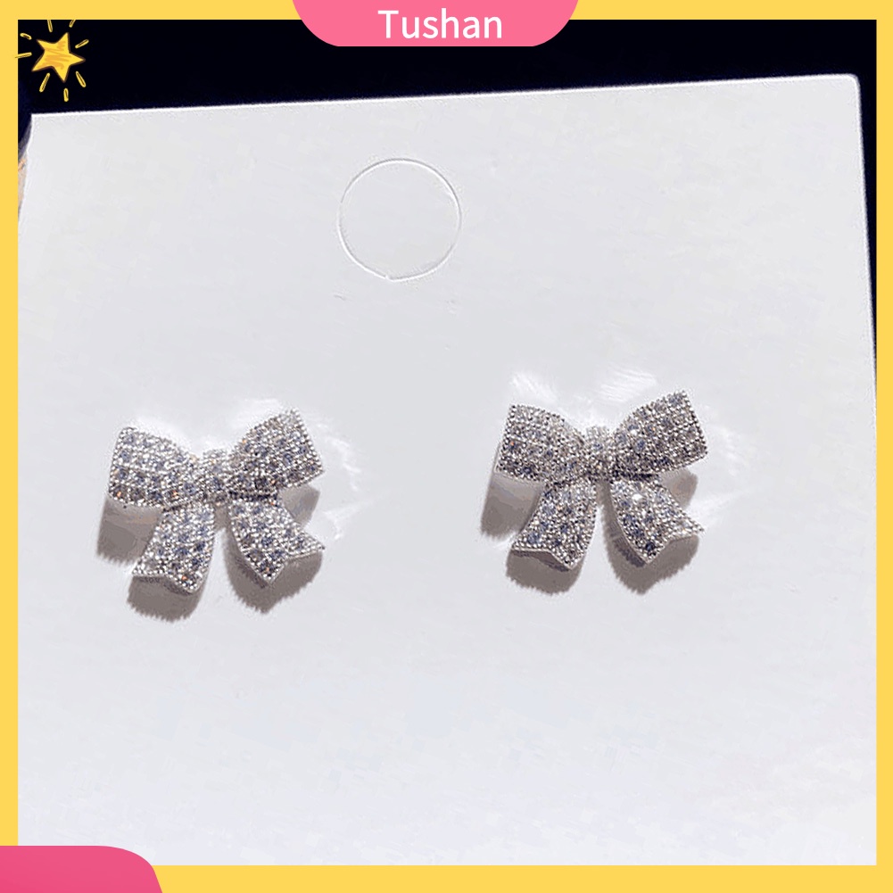 TUSH Fashion Women Full Cubic Zirconia Bow Ear Stud Earrings Jewelry Birthday Gift