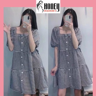 Đầm Bầu Váy Bầu Kẻ Caro Cổ Vuông Tay Bồng Dáng Babydoll Xinh Xắn Công Sở Đi Chơi Dự Tiệc HD2857 Honey Mommy