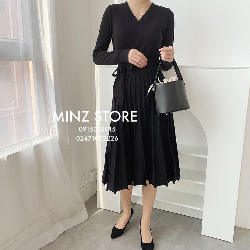 Váy len cổ tim chân dập ly buộc nơ #038 (4 màu)