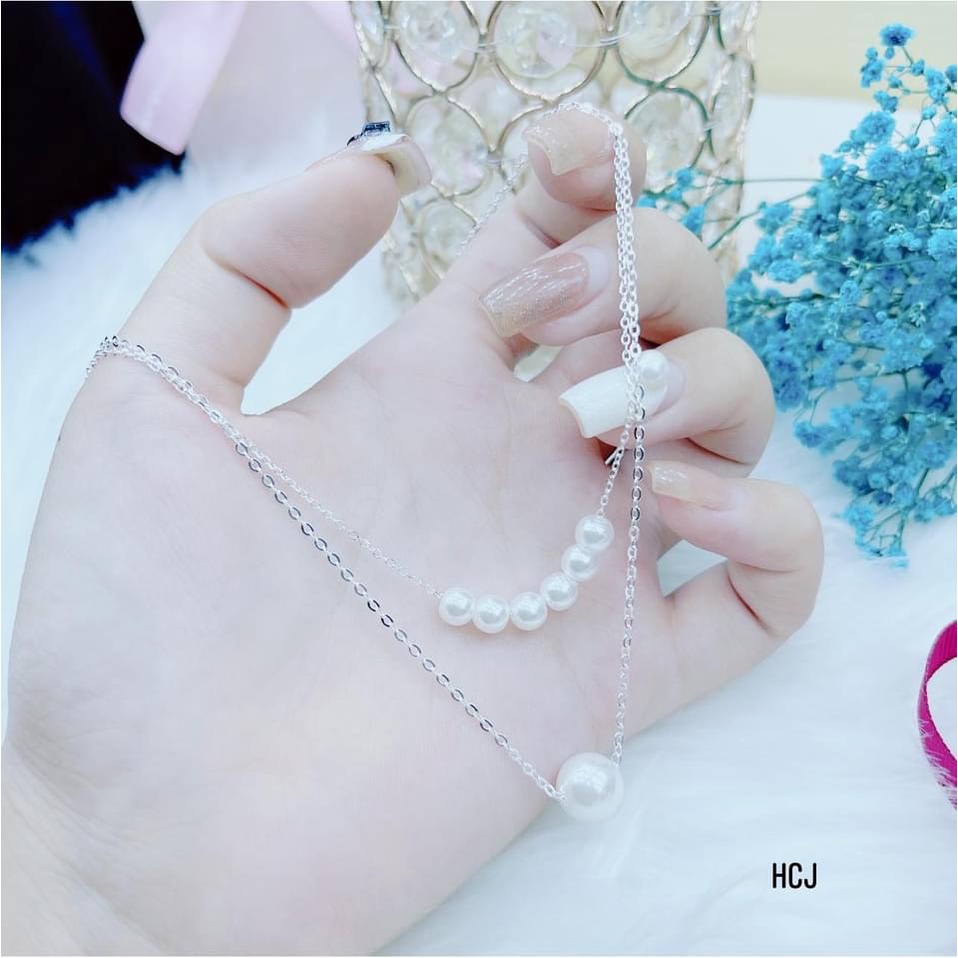 Dây chuyền nữ bạc ta, dây chuyền kép 2 tầng mix hạt trai nhân tạo sang trọng - Kho sỉ bạc Nhất Linh