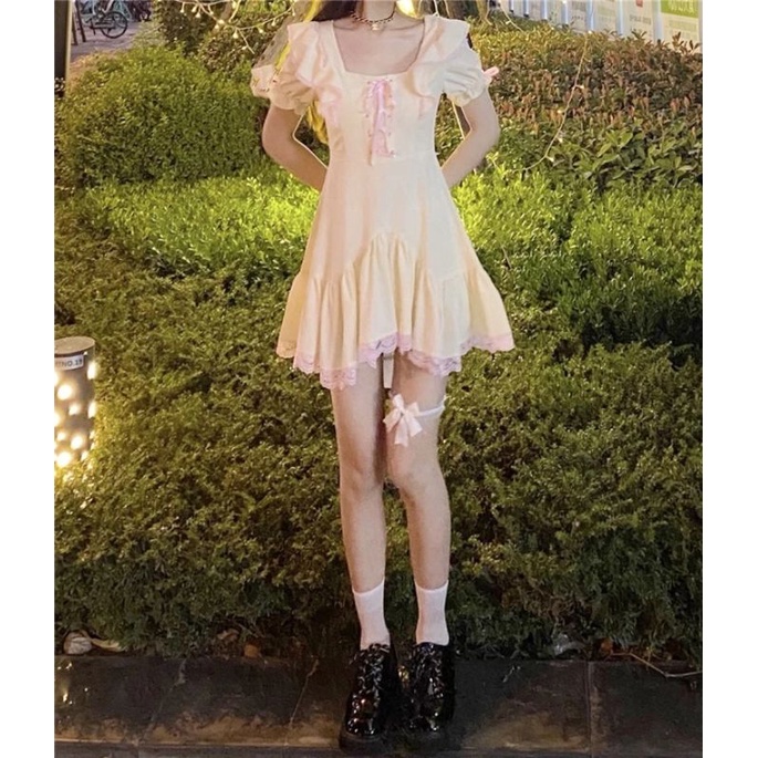 Đầm xòe babydoll trơn tay phồng đuôi cá voan màu vàng oder taobao