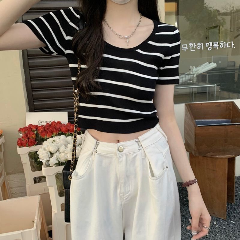 Jiashucheng Áo Thun Ngắn Tay Họa Tiết Kẻ Sọc Phong Cách Mới Cho Nữ