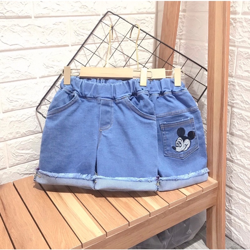 Quần sooc bò cho trẻ em 8-22kg, mẫu thêu chuột cho bé