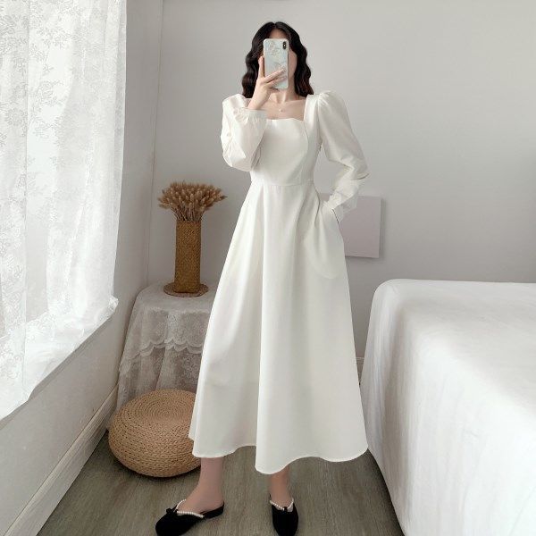 Black dress women's long sleeve new ins skirt temperament square collar knee length Hepburn style small black skirt | BigBuy360 - bigbuy360.vn