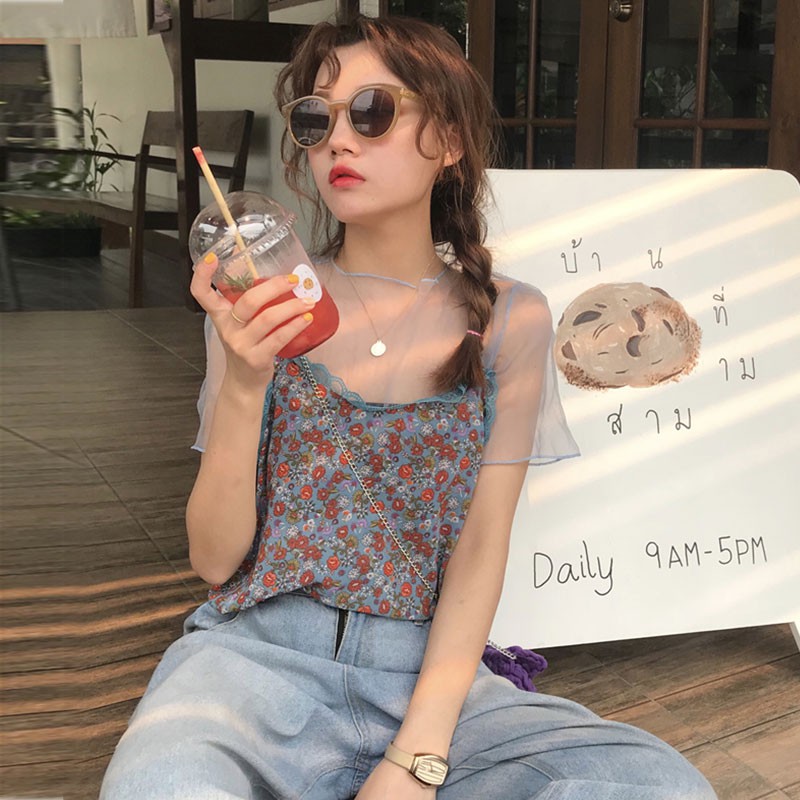 _ ulzzangstyle Áo voan + áo hoa hai dây ulzzang