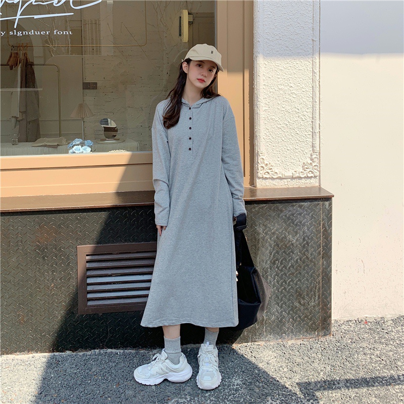 SUXI Đầm hoodie dài tay phong cách vintage Hàn Quốc cho nữ