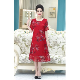 Đầm voan  trung niên cao cấp cho mẹ cho bà , hoa đào