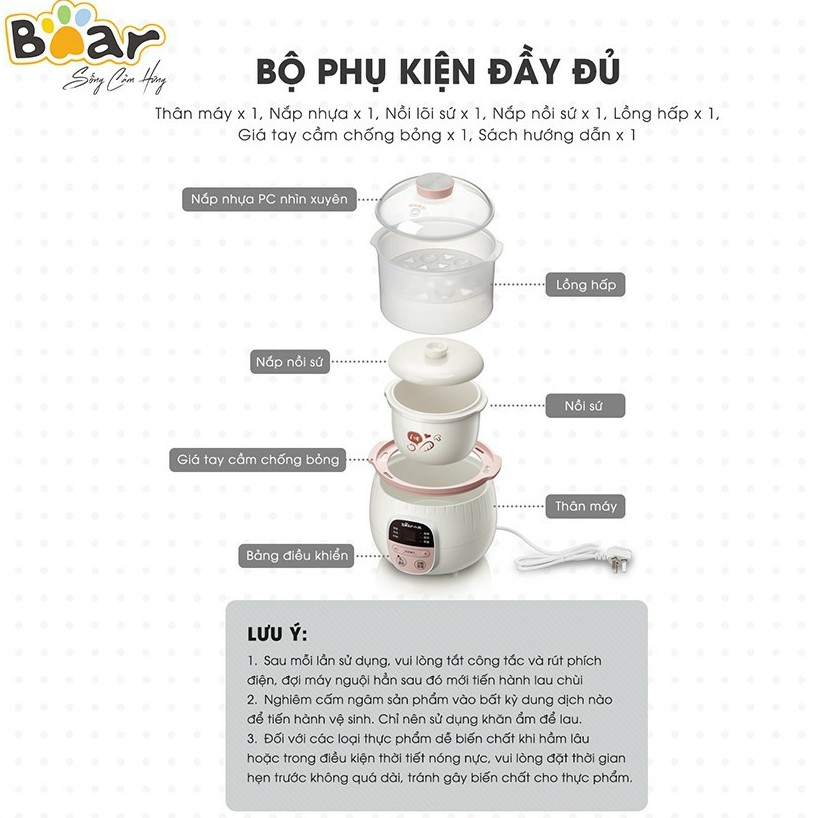 Nồi Nấu Cháo Chậm, Nồi Ninh Hầm Đa Năng Nấu Cách Thủy BEAR 0,8L Bản Quốc tế Bảo Hành 18 Tháng Chính Hãng