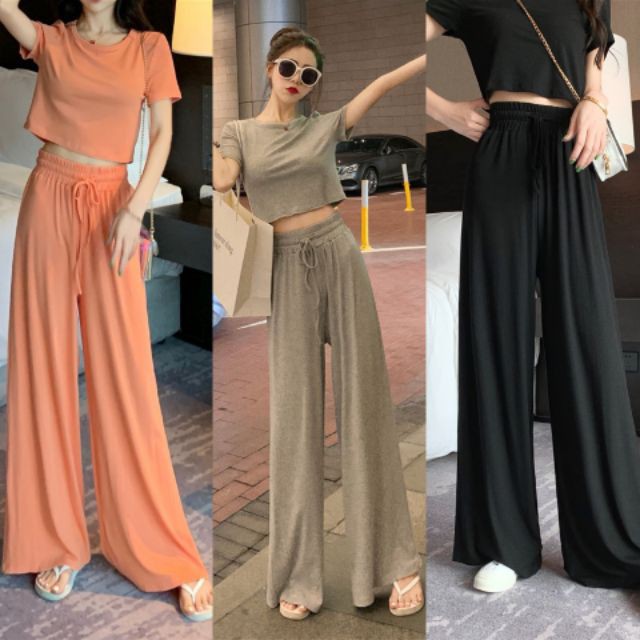 Set áo thun + quần dài màu trơn thời trang cho nữ