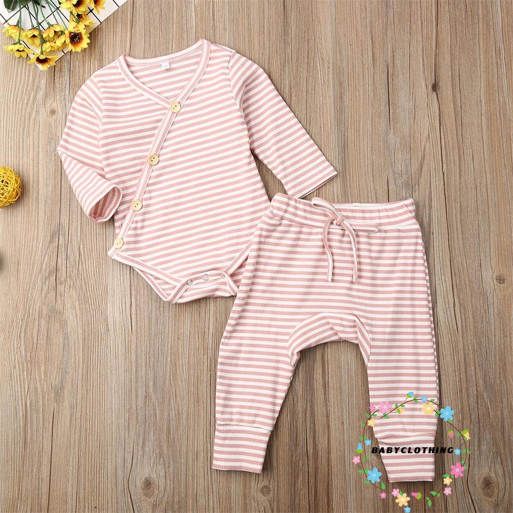 Set áo liền quần + quần dài kẻ sọc phối nút dễ thương cho bé