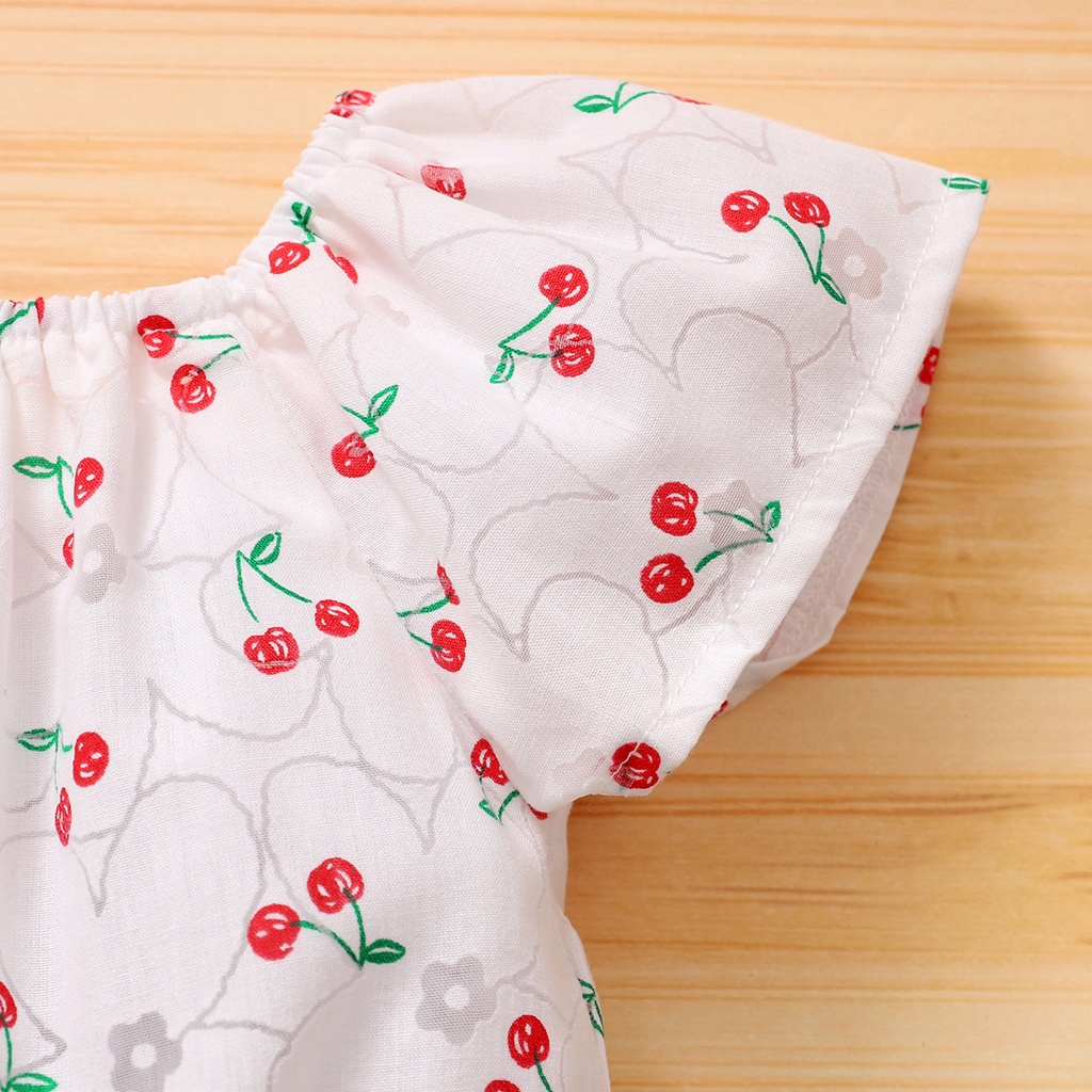 Set đồ 2 món Mikrdoo gồm áo tay cộc in họa tiết quả cherry + quần ngắn màu đỏ thời trang mùa hè cho bé gái