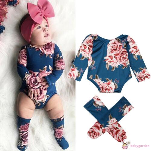 Bộ jumpsuit họa tiết hoa + tất ống chân giữ ấm cho bé gái