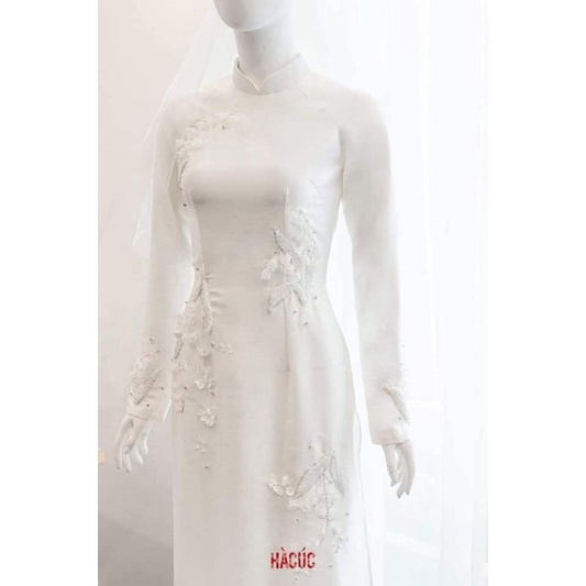 Áo dài trắng tây thi 2tà thêu thiết kế thủ công