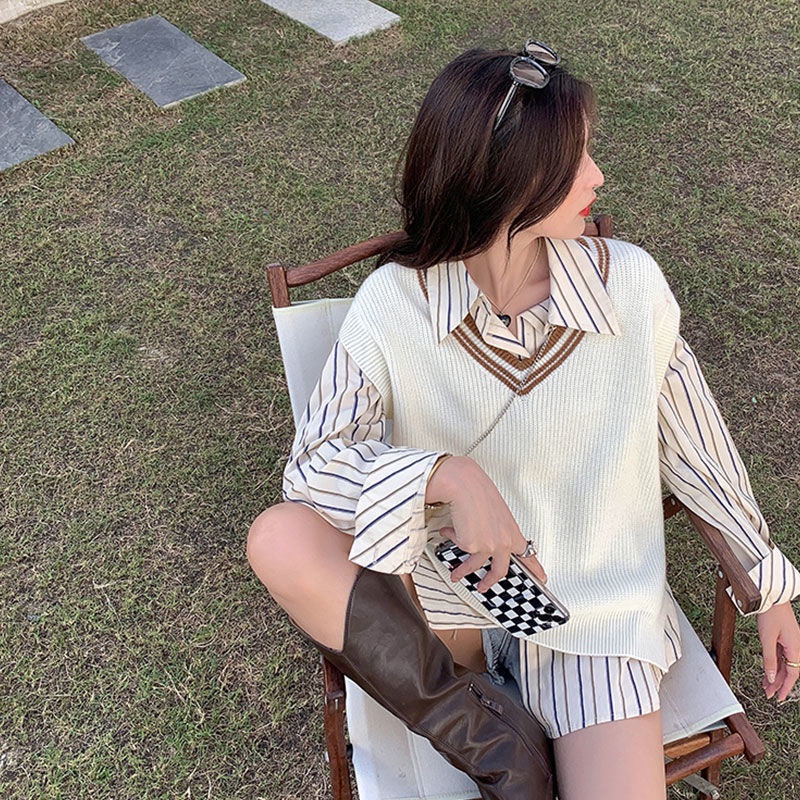 QKOOLE Áo sát nách dệt kim  cổ chữ V phong cách Hàn Quốc thời trang trẻ trung dành cho nữ