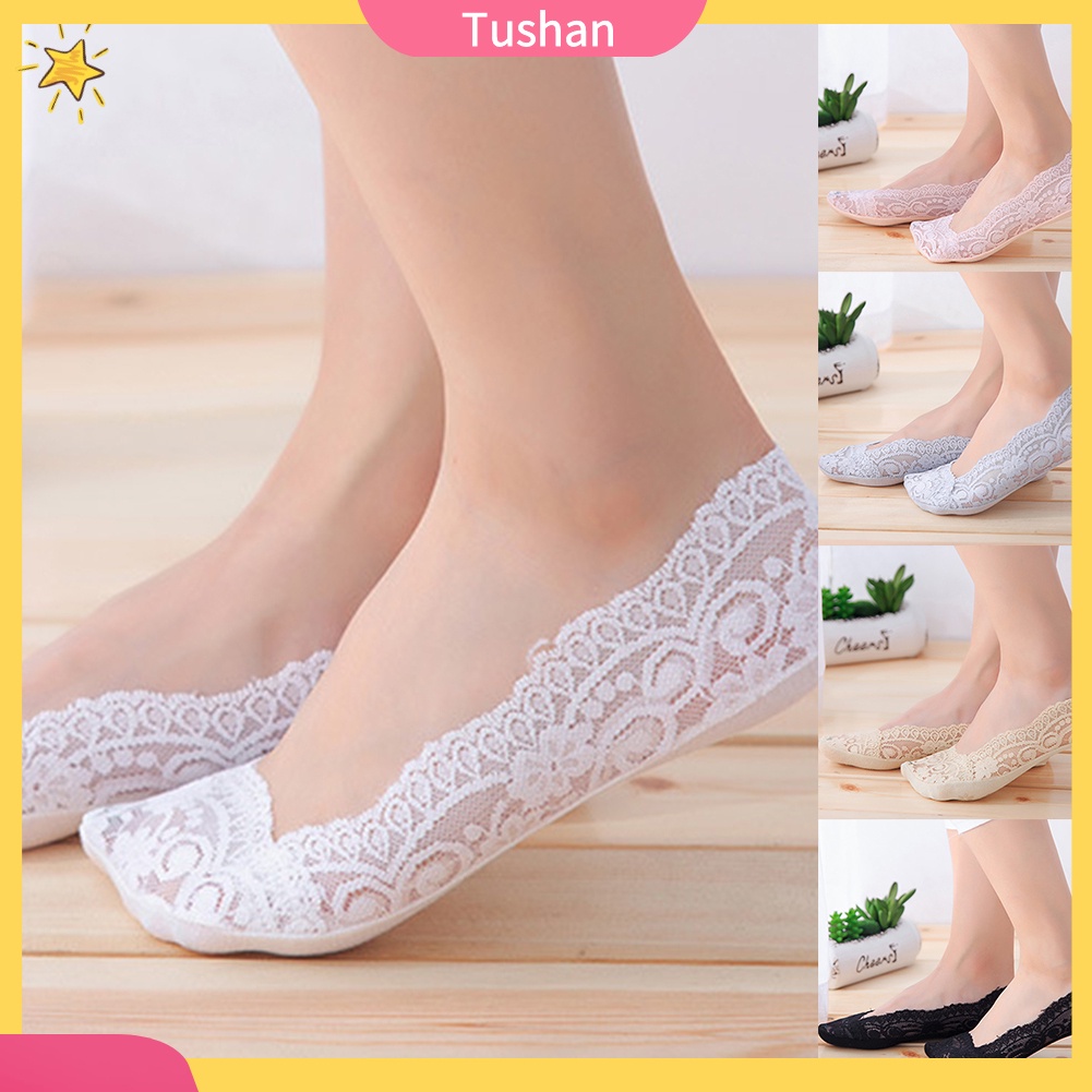 TUSH Solid Color Fashion Women Lace Low Cut Anti-slip No Show Invisible Boat Sock