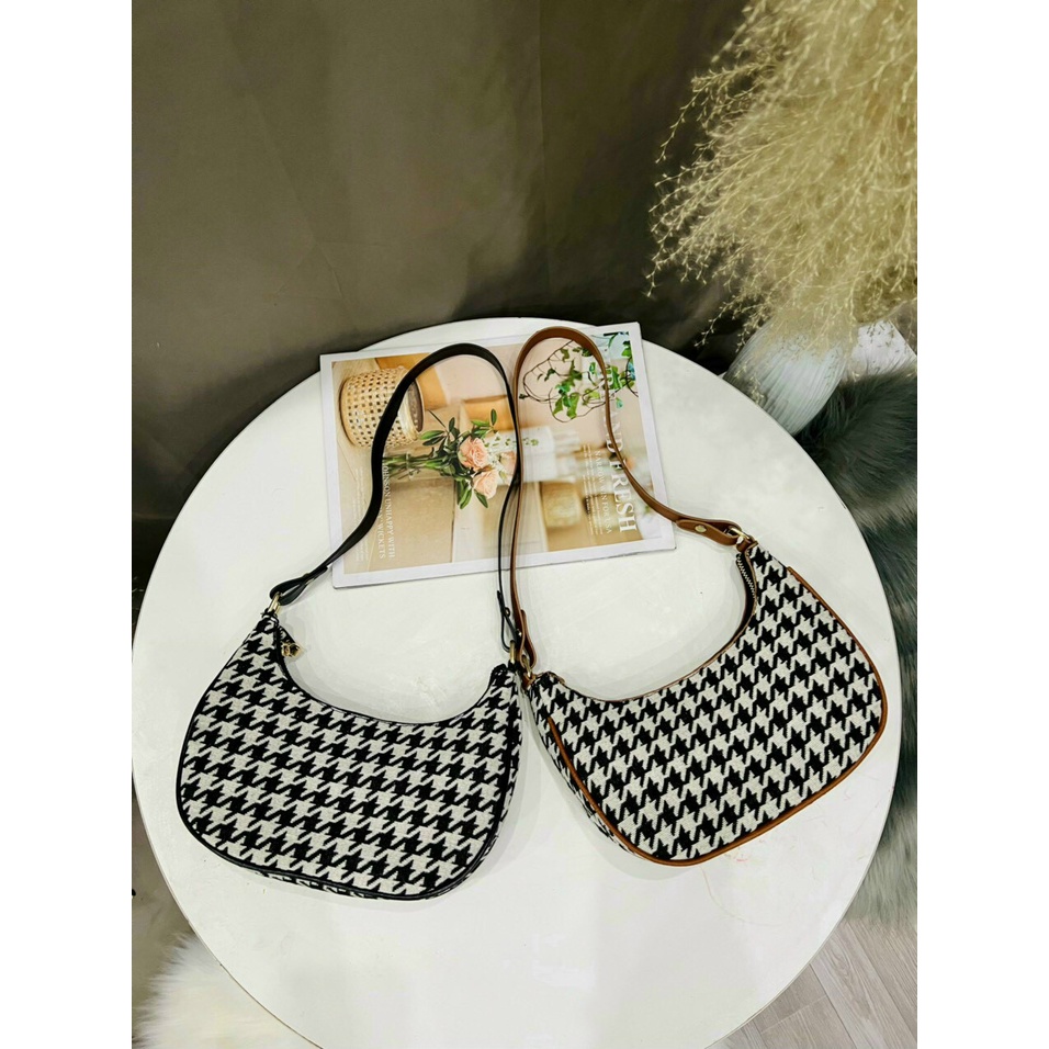 Túi xách nữ phối kẻ caro - Túi kẹp nách nữ đẹp size 23 hình mặt trăng loankeng shop có ảnh thật
