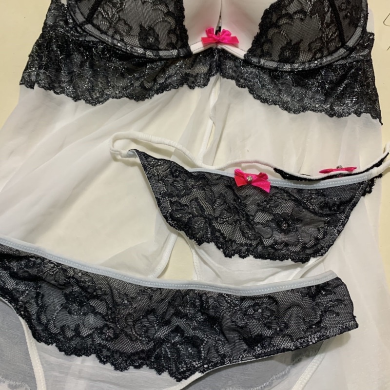 SET Váy Ngủ LA SENZA Cup Nâng Ngực Phối Ren Quyến Rũ Hàng Xuất Xịn Ren Đen Trắng Kèm 2 Quần Size L