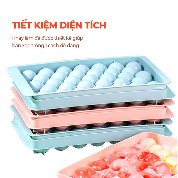 Khay Làm Đá Silicon 33 Viên Tròn To Có Khuôn Có Nắp Đậy Thông Minh Chất Liệu Nhựa PP An Toàn