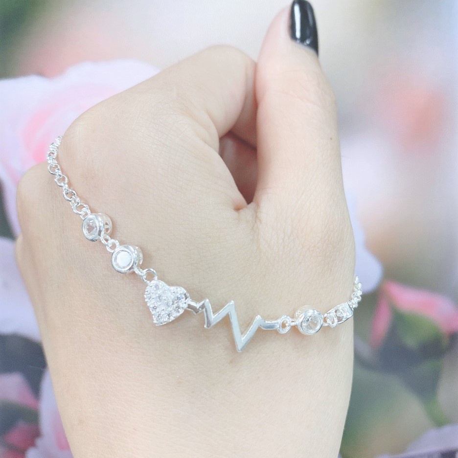 Lắc tay bạc nữ hình nhịp tim gắn đá, vòng tay bạc ta nữ tính